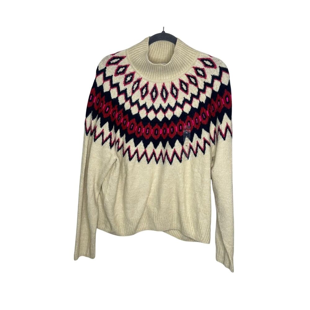 Gap Fair Isle Mockneck Sweater Womens XL Cream Pink Nordic Ski Holiday Knit NWT